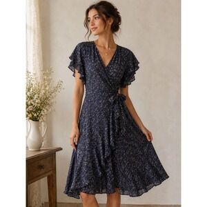 Cottagecore Fairycore Floral Wrap Midi Dress Romantic Ruffle Sleeve Wedding Wear